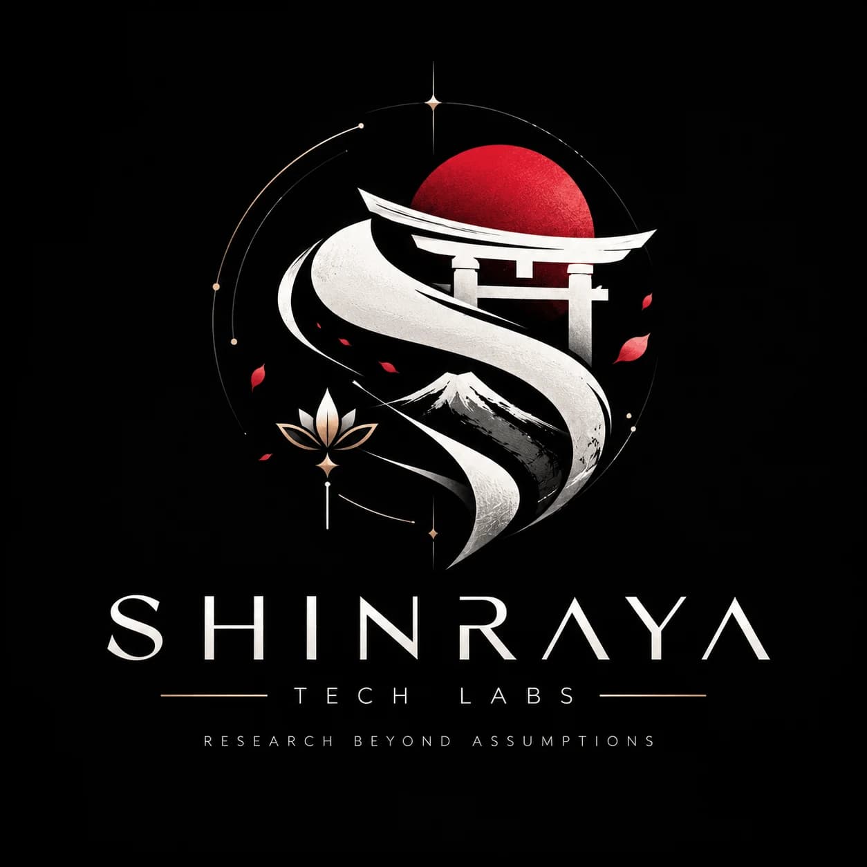 Shinraya Tech Labs original emblem: an ivory S, torii gate, mountain, and vermilion sun